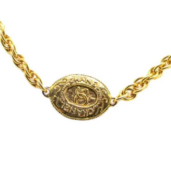 CHANEL CC Logo Oval Chain Necklace 19" Gold Tone Auth #1179 - Picture 1 of 4